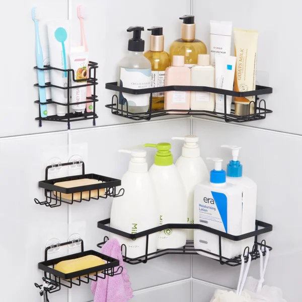 5PC Metal Bathroom Shower Set – Corner Caddies, Toothbrush & Soap Holders with Adhesive