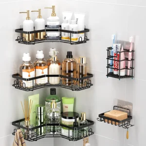 5PC Metal Bathroom Shower Set – Corner Caddies, Toothbrush & Soap Holders with Adhesive