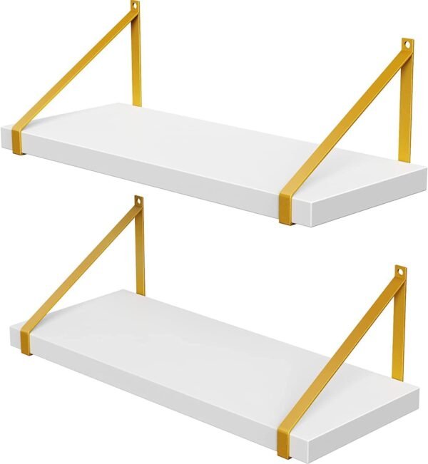 2PC Floating Wall Shelves with Gold Brackets