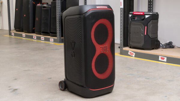 JBL PartyBox Stage 320 – 240W Portable Bluetooth Party Speaker with Dual 6.5″ Woofers, RGB Light Show, Mic & Guitar Inputs, IPX4 Splash-Proof, 18H Swappable Battery