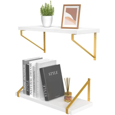 2PC Floating Wall Shelves with Gold Brackets