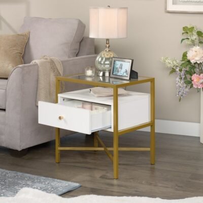 Harper Heights Wood & Metal Side Table with Storage – Glass Top, White & Gold