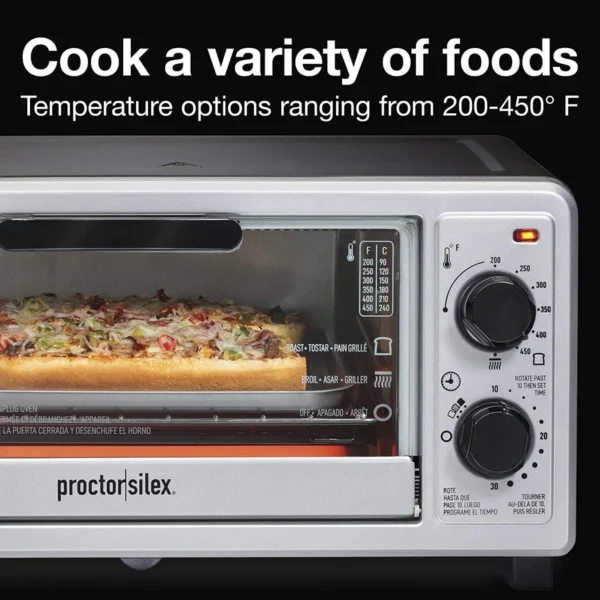 Proctor Silex 4-Slice Toaster Oven – Bake, Broil & Toast with 30-Min Timer | Stainless Steel, 1100W