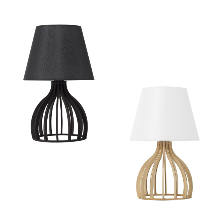 Minimalist wooden table lamp with hourglass base and drum fabric shade in black and natural brown.