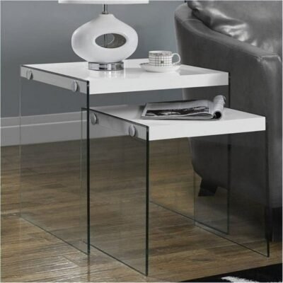 2-Piece Glossy White Nesting Table Set – Modern Tempered Glass Accent Tables