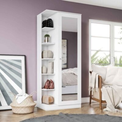 Duetto 6 Shelf Shoe Cabinet with Mirror – White