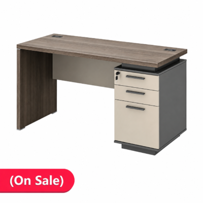 My-Idea Single Office Desk with Cabinet – 55” Executive Workstation (Brown, Grey & Beige)