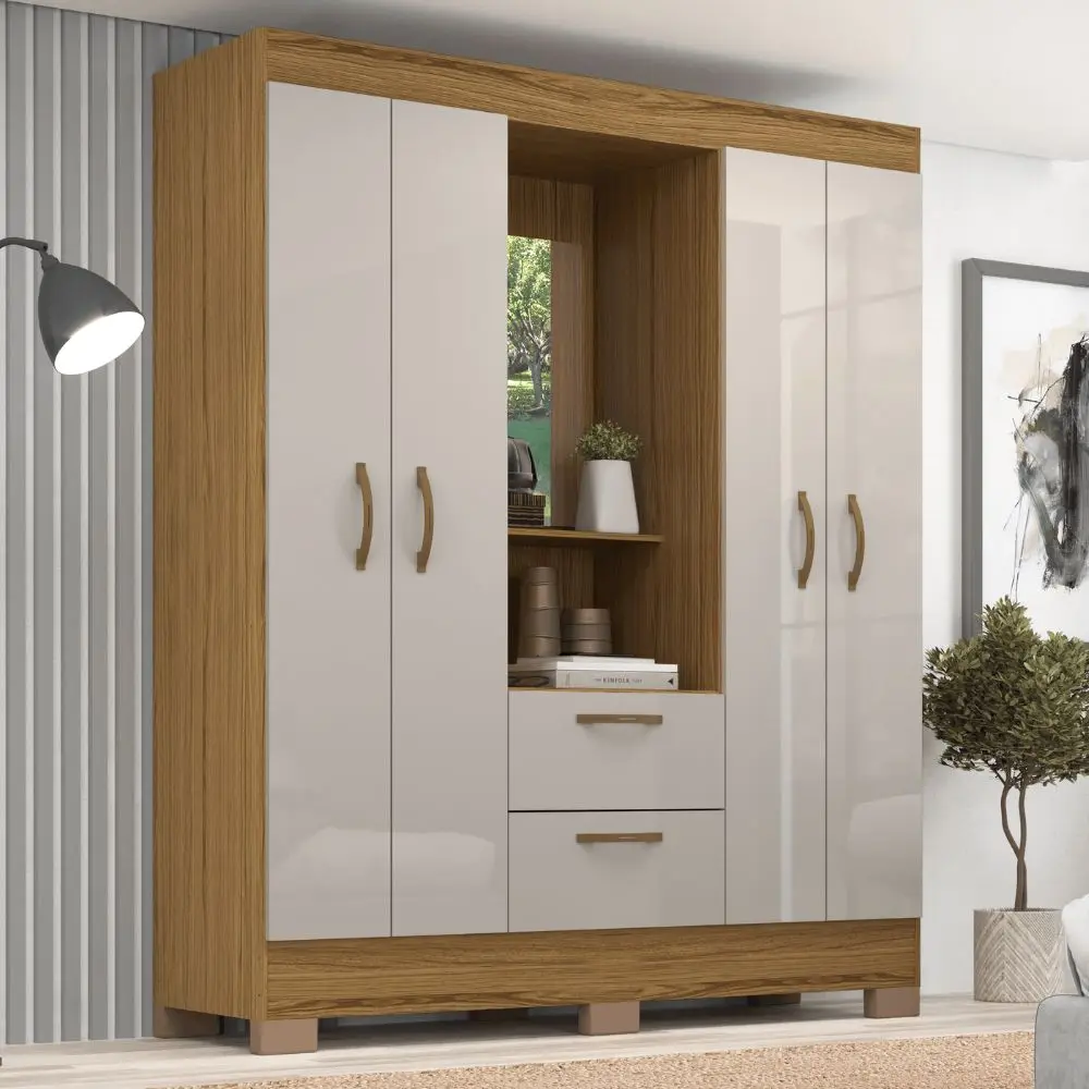 Wembley 4-Door 2-Drawer Wardrobe with Mirror – Brown/Taupe