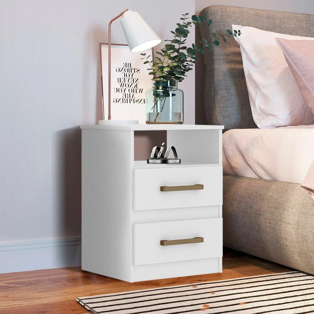 Apolo Nightstand – White/Flex Bronze Handles | Compact 2-Drawer Bedside Table