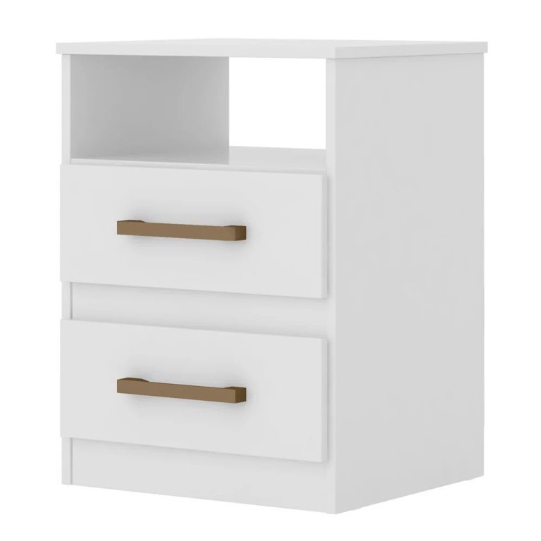 Apolo Nightstand – White/Flex Bronze Handles | Compact 2-Drawer Bedside Table
