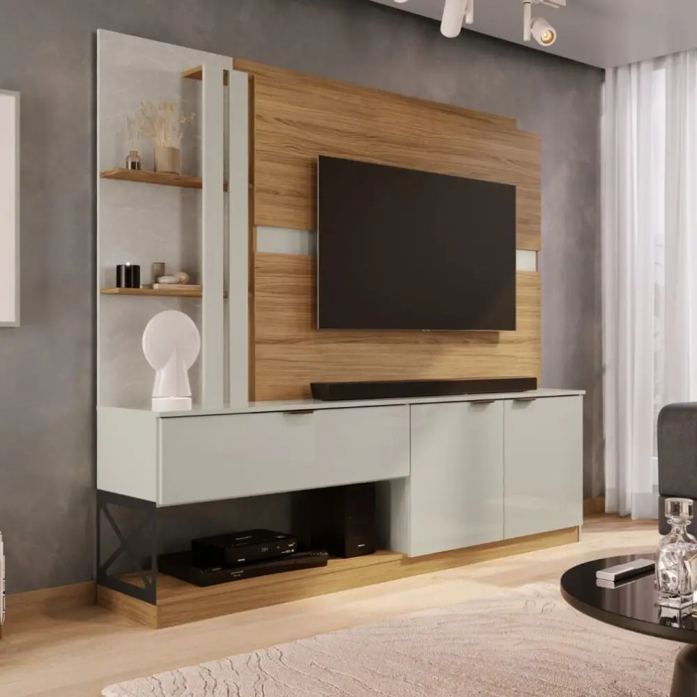 Esprito 3-Door Entertainment Center with UV finish, 3 doors, and 8 storage shelves for modern living rooms