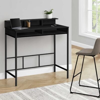 Standing Height Computer Desk – 48” Modern Home Office Workstation with Hutch & Storage Shelves (Black)