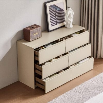 LINSY Minimalist Chest of 6 Drawers – Solid Wood – Beige (47” W × 28” H)