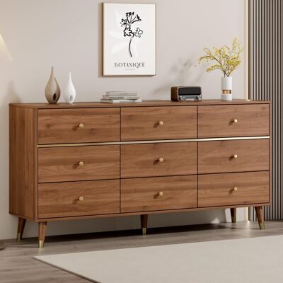 LINSY Mid-Century 9-Drawer Dressing Table – Walnut & Gold