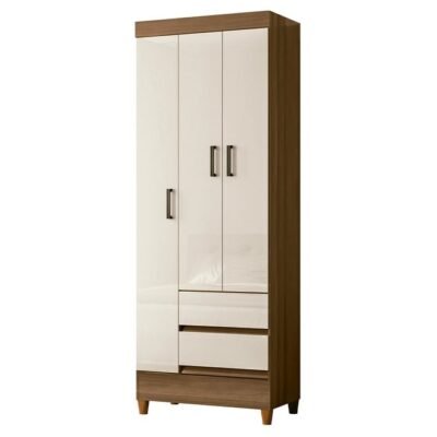 Orion 3-Door 2-Drawer Wardrobe – Modern Off-White & Brown Bedroom Storage Cabinet