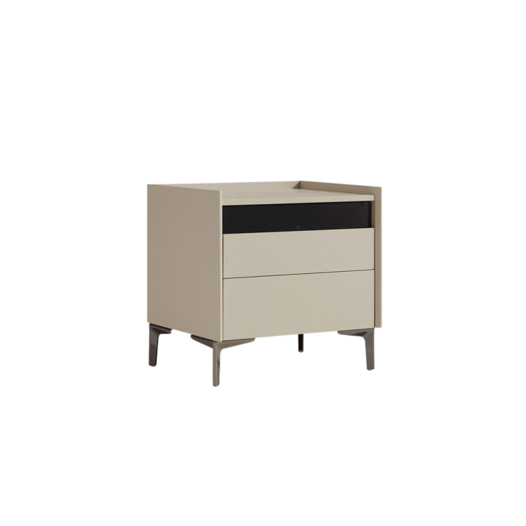 LINSY Moriah Grey Nightstand – Modern Bedside Table with 2 Drawers & Top Shelf