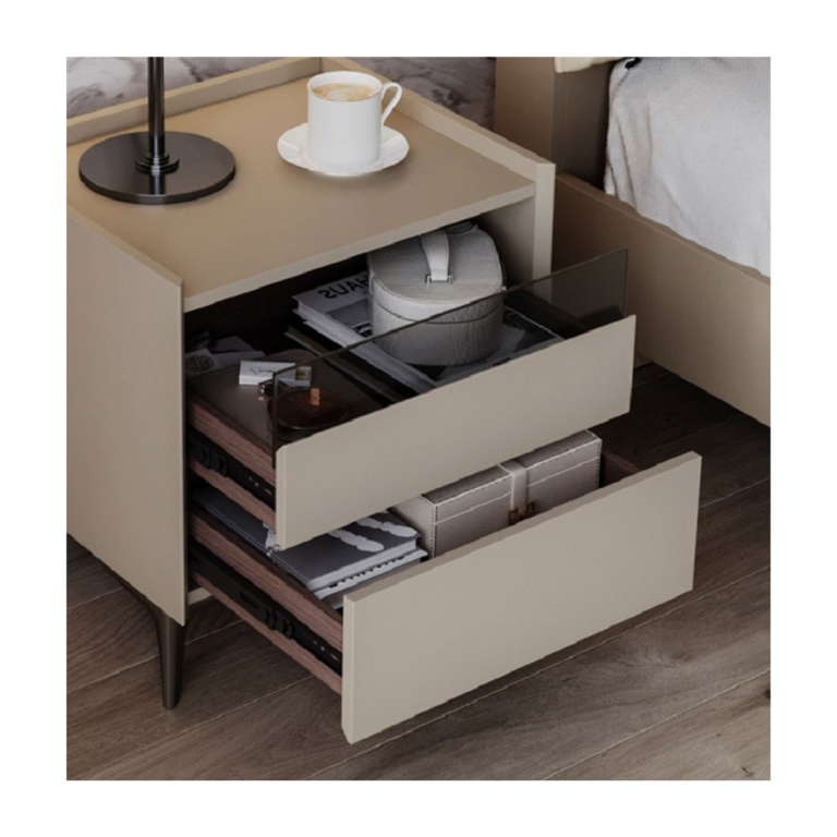 LINSY Moriah Grey Nightstand – Modern Bedside Table with 2 Drawers & Top Shelf