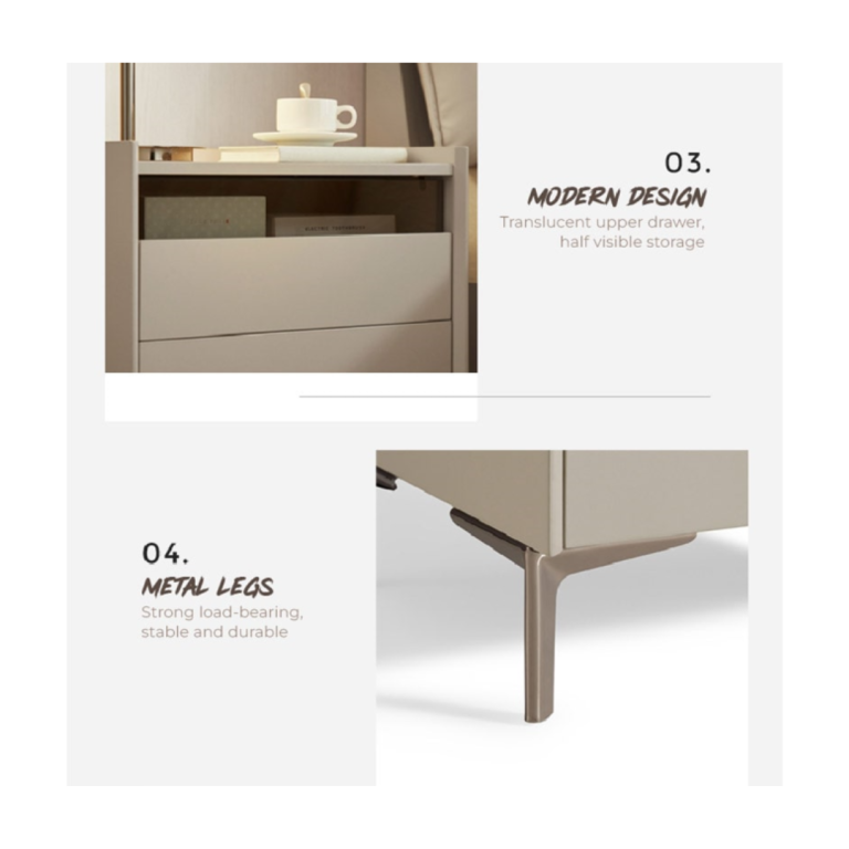 LINSY Moriah Grey Nightstand – Modern Bedside Table with 2 Drawers & Top Shelf