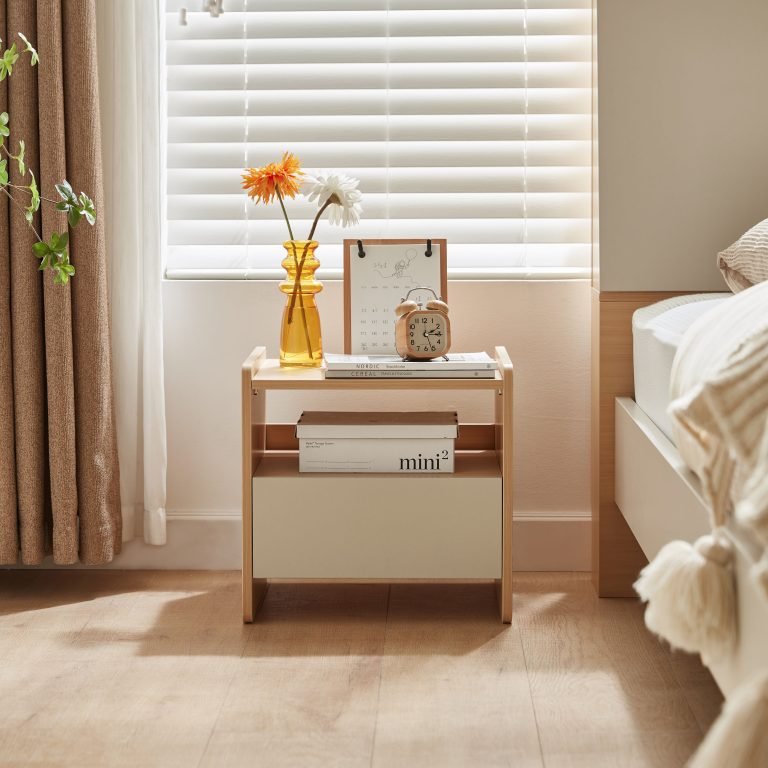 Brown & White Melamine Nightstand – Compact Bedside Table with Drawer & Shelf