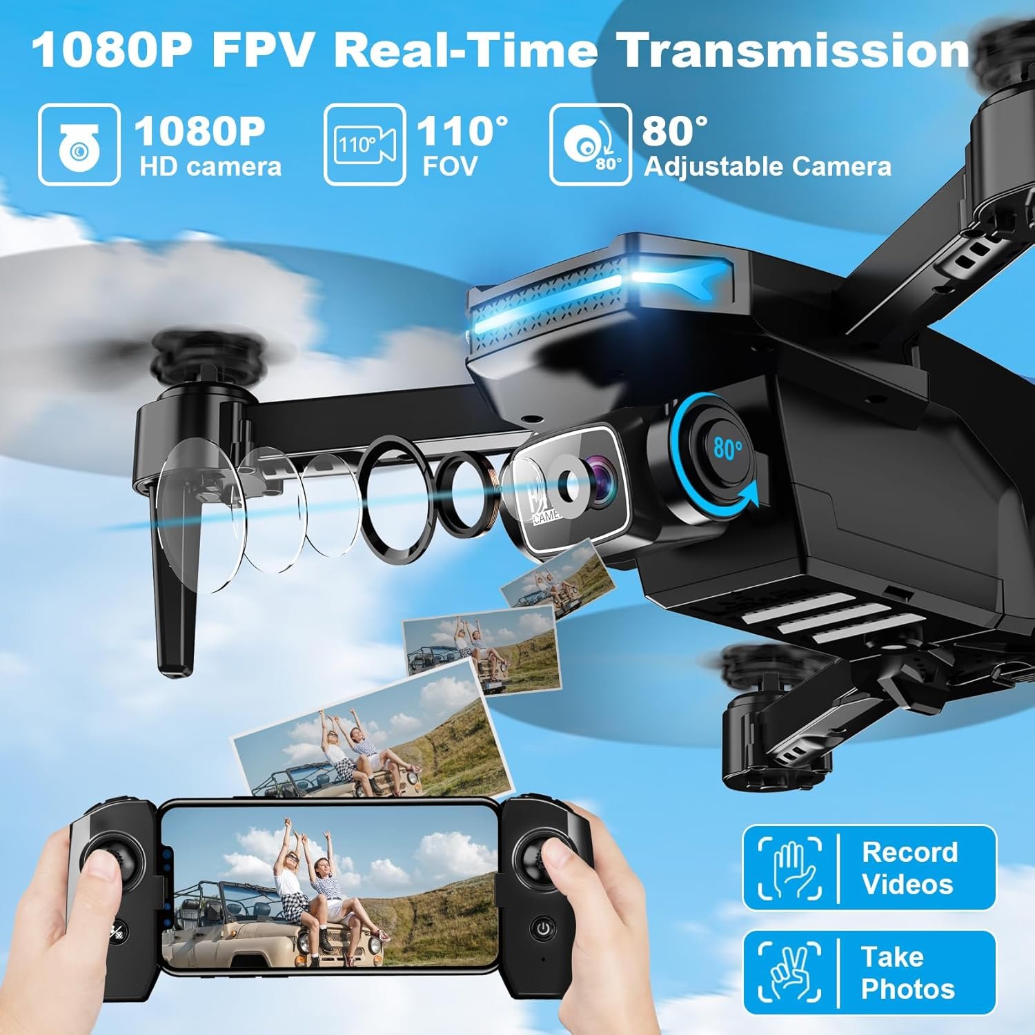 Foldable 1080P Camera Drone for Beginners – Voice Control, 3D Flip, One-Key Start, 2 Batteries, Kids & Adults Quadcopter