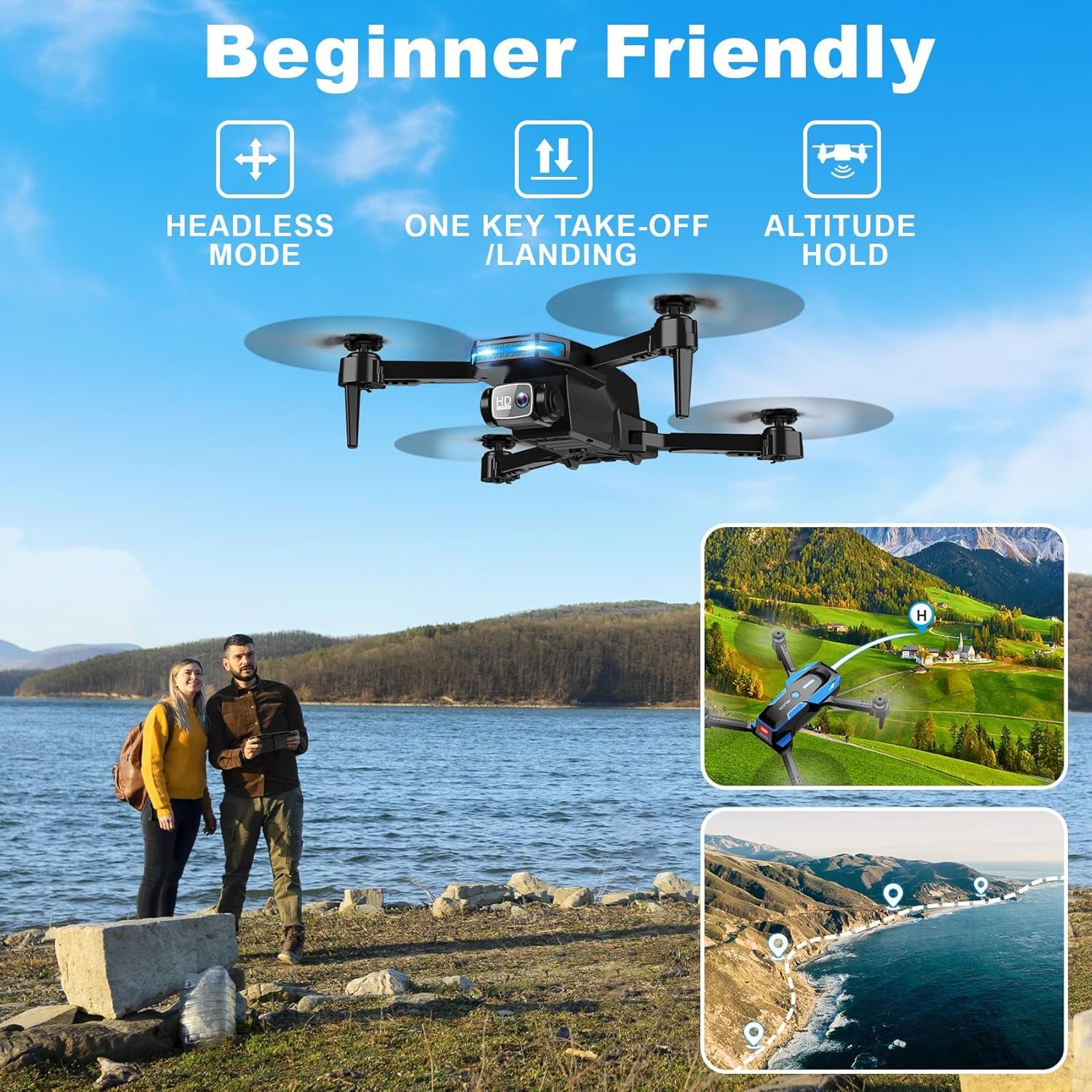 Foldable 1080P Camera Drone for Beginners – Voice Control, 3D Flip, One-Key Start, 2 Batteries, Kids & Adults Quadcopter