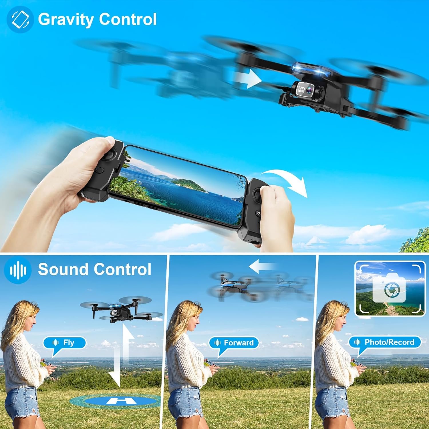 Foldable 1080P Camera Drone for Beginners – Voice Control, 3D Flip, One-Key Start, 2 Batteries, Kids & Adults Quadcopter
