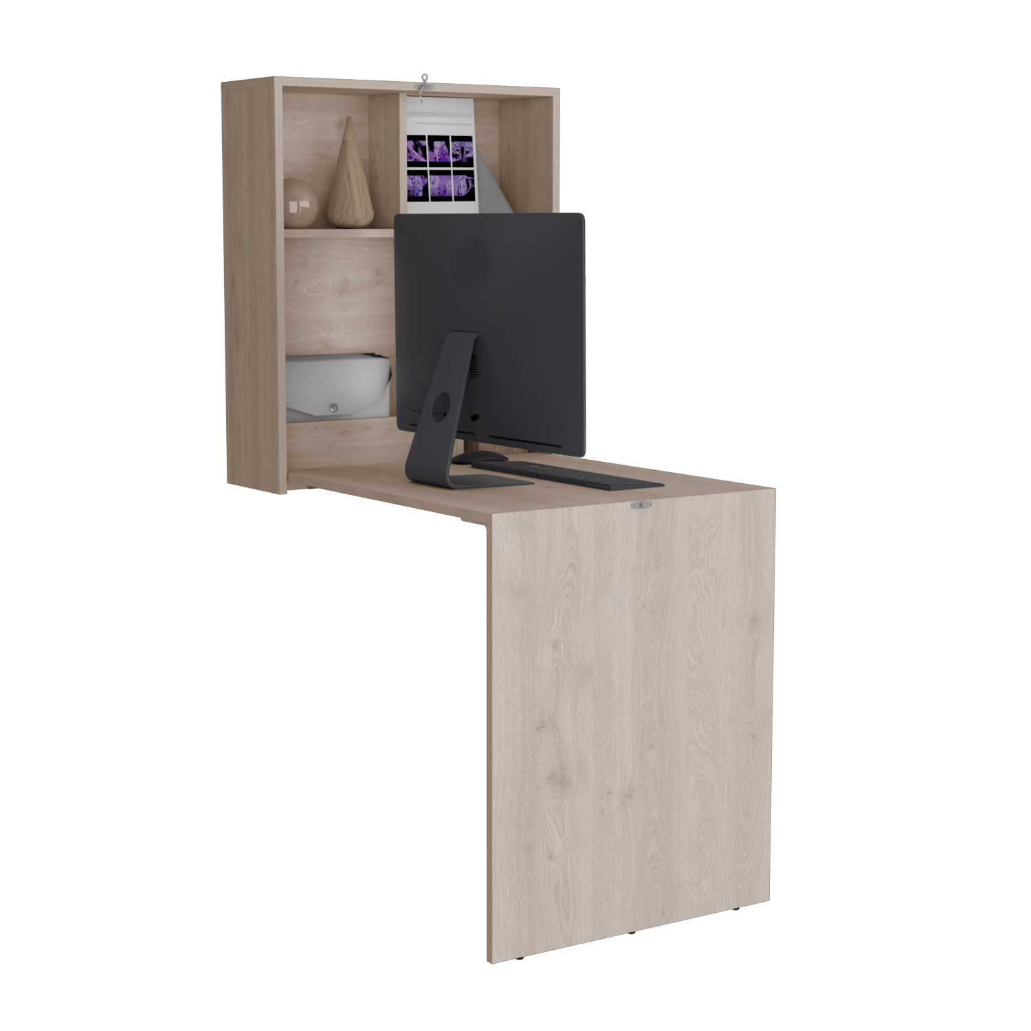 Wall-Mounted Folding Desk with Shelves – White Oak | Space-Saving Home Office Desk