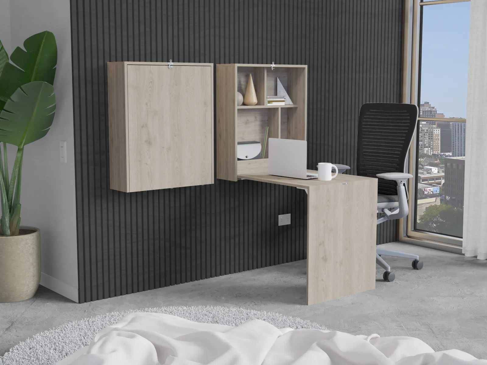 Wall-Mounted Folding Desk with Shelves – White Oak | Space-Saving Home Office Desk