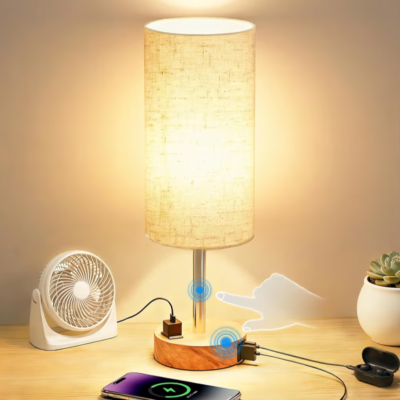 High-Sensitivity Touch, 3-Level Dimmable Nightstand Bedside Lamp with AC Outlet | USB | and USB-C.
