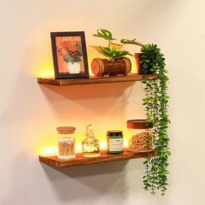 Floating Wooden Wall Shelves with LED Lights Set of 2 – Rustic Storage Shelves | Shopro Trinidad