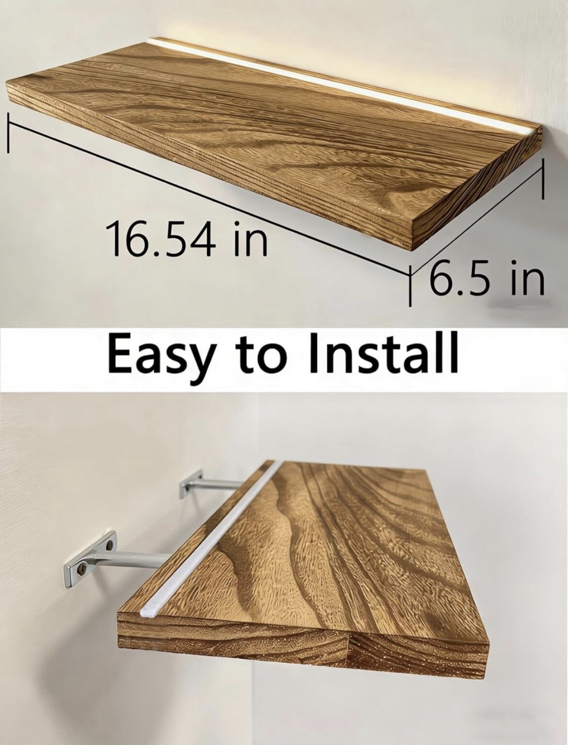 Floating Wooden Wall Shelves with LED Lights Set of 2 – Rustic Stora