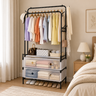 Shopro Dual Rail Clothing Rack with Storage Drawers – Space Saving Wardrobe Organizer