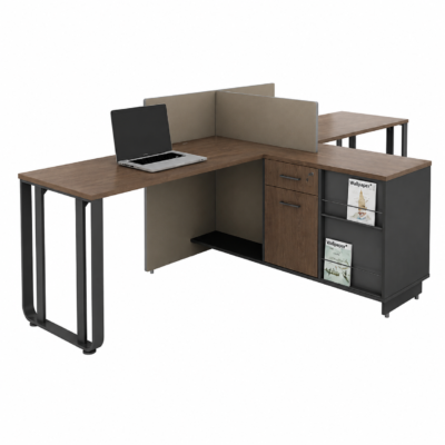 2 Person Office Workstation Desk with Storage & Privacy Partition | Grey & Mocha | Shopro Trinidad