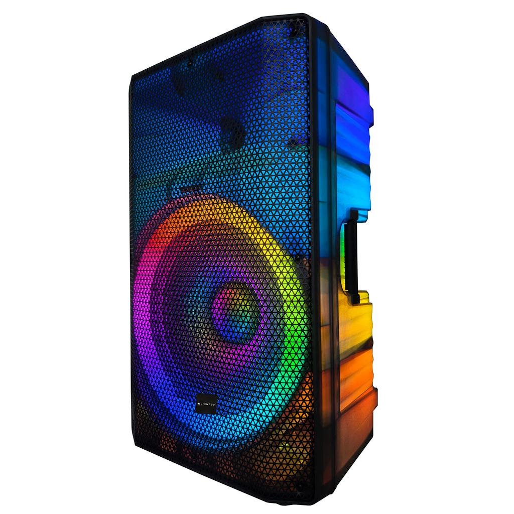 Angled view of AlienPro APT-3500 translucent LED speaker cabinet