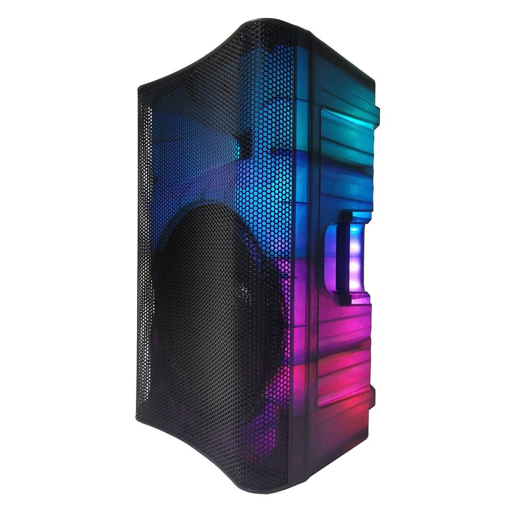 Side view of AlienPro translucent LED portable speaker with carry handle