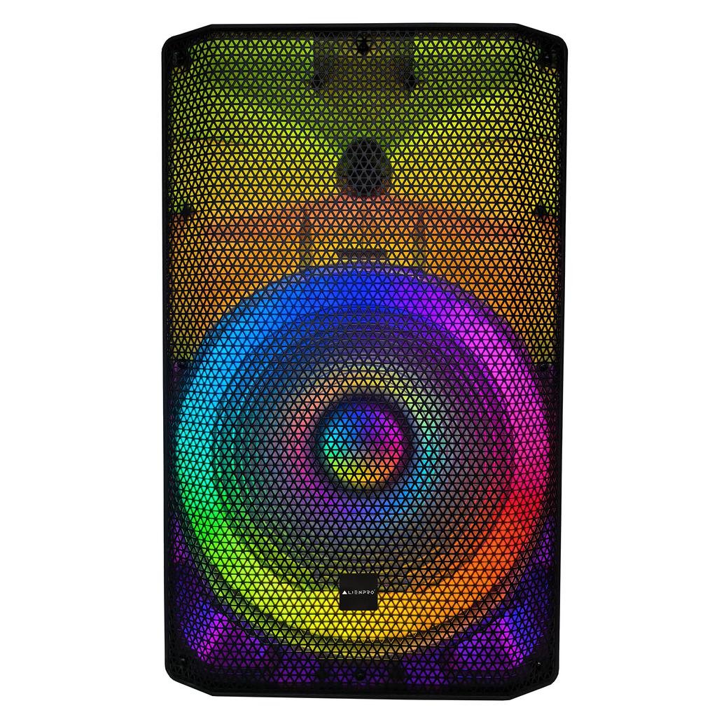 Front grille view of AlienPro APT-3500 translucent speaker with multicolour LED ring