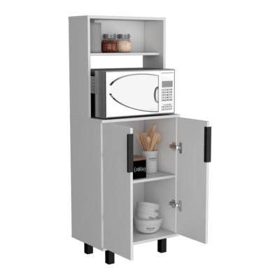 Space-Smart White 2-Door Microwave Kitchen Cupboard with Shelf