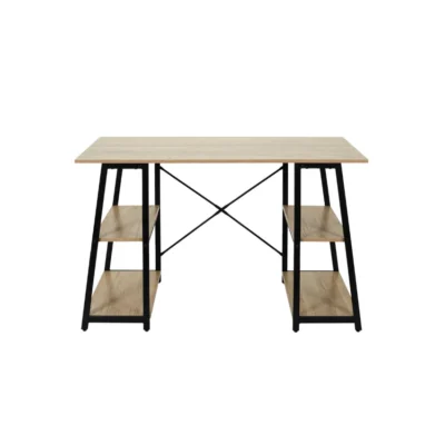 Oak Wood & Metal Computer Desk with Shelves – Industrial Office Desk, Study Table, Gaming Desk (47”)