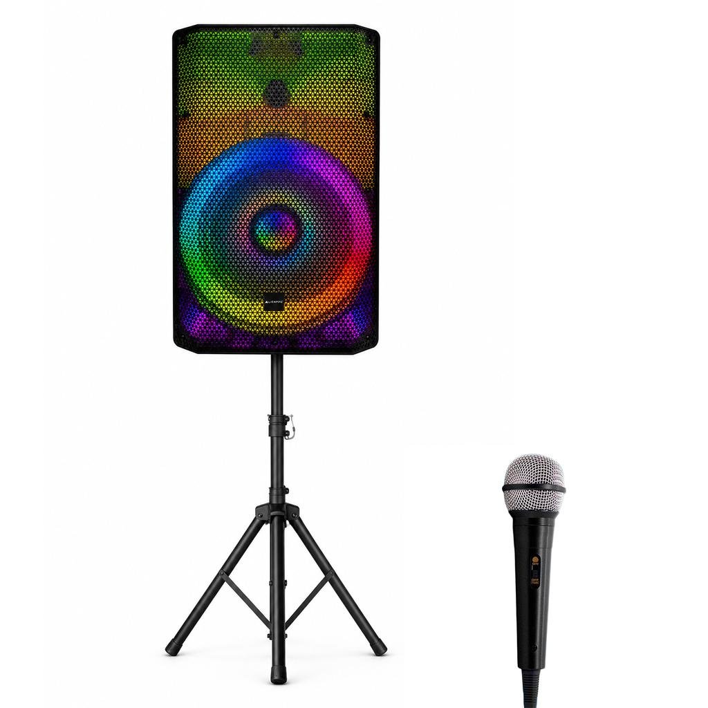 AlienPro APT-3500 translucent portable speaker on steel stand with wired microphone