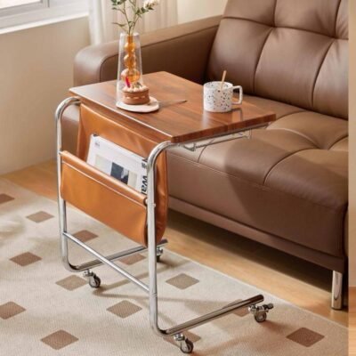 Shopro Mobile Side Breakfast Table with Storage & Wheels | Walnut