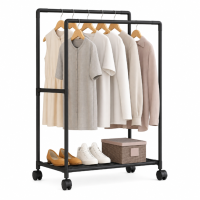 SmartHang Rolling Wardrobe Rack with Wheels & Shoe Shelf | Compact Metal Clothes Organizer | Shopro Trinidad & Tobago