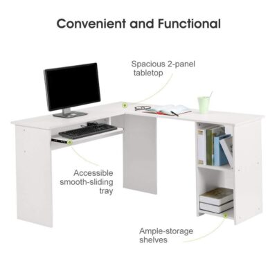 Modern White L-Shaped Computer Desk with Storage Shelves & Keyboard Tray | Shopro Trinidad