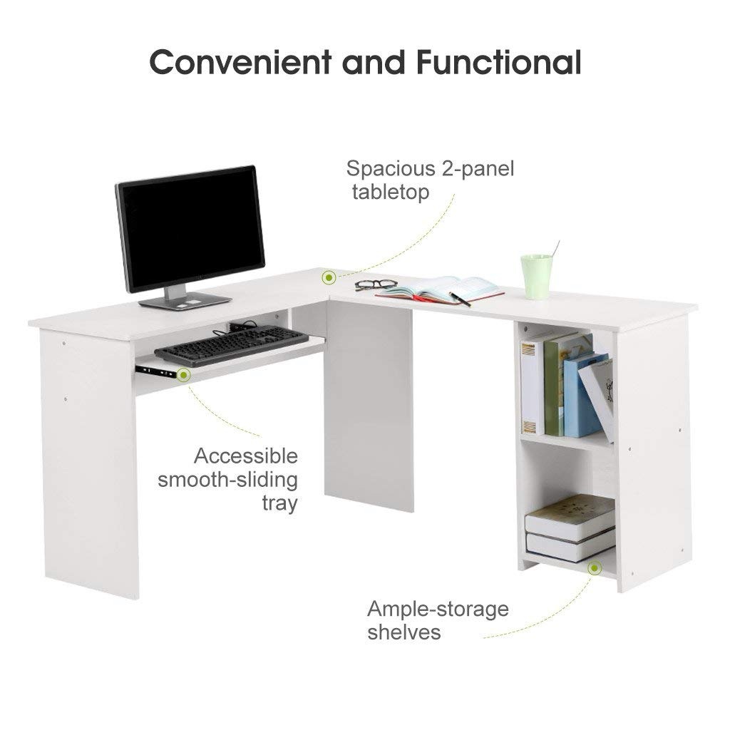 Modern White L-Shaped Computer Desk with Storage Shelves & Keyboard Tray | Shopro Trinidad