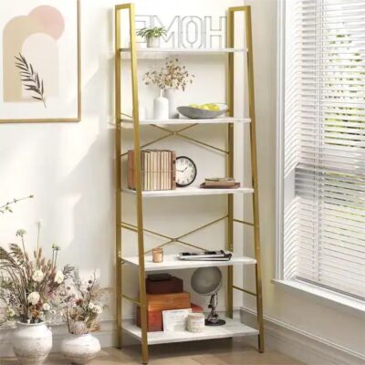Homfa 5-Tier White & Gold Ladder Bookshelf – Modern Display Shelf with Metal Frame